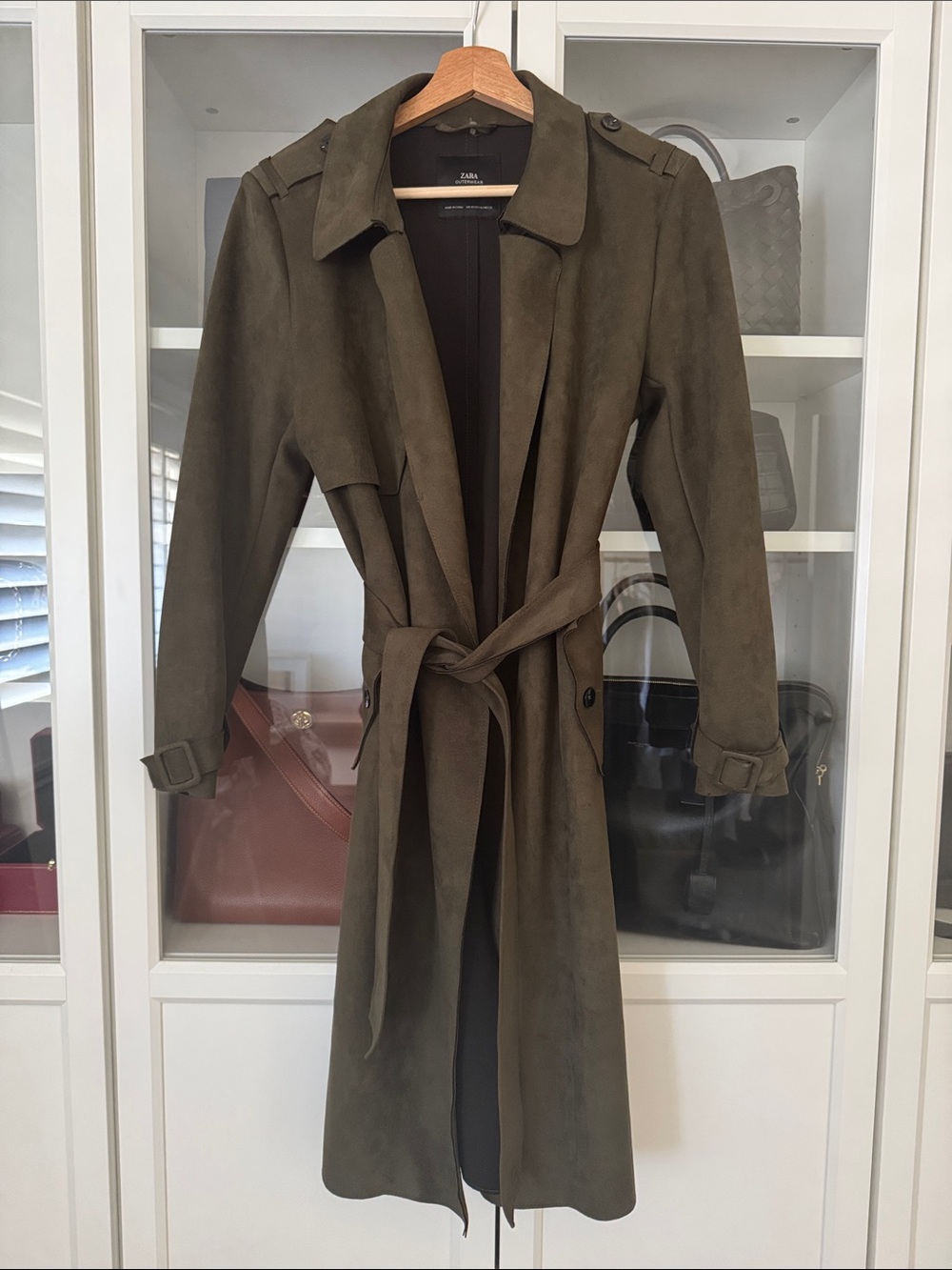 Zara Faux Suede Olive Trench Coat with Tie Belt